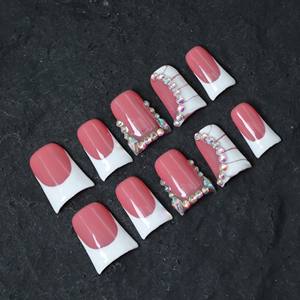 Vente en gros d'ongles artificiels en acrylique haut de gamme faits à la main, faux ongles en forme de bec de canard à couverture complète, manucures françaises, strass, personnalisables - Product Image 2