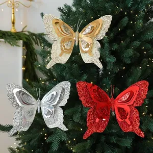 Ornamen Natal Kupu-kupu Berkilau Emas Perak Merah, Kupu-kupu Plastik Berkilau untuk Dekorasi Pohon Natal, Set Hadiah Liburan - Product Image 1