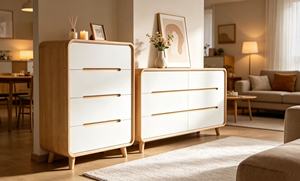 Commode scandinave en chêne massif à 4 tiroirs, meuble de rangement autoportant pour salon - Product Image 5