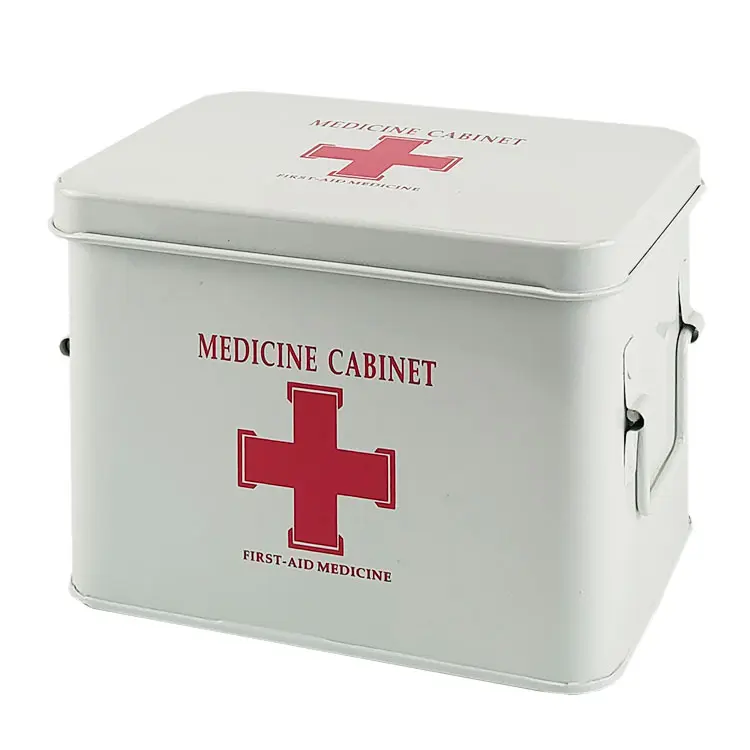 Caja de metal blanca para medicina, organizador de primeros auxilios para el hogar con tapa