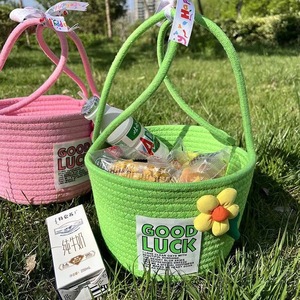 Good Luck Woven Basket Round Handmade Storage Basket For Children Birthday Gift Box Baby Celebration Pink Purple Red Sky Blue - Product Image 2