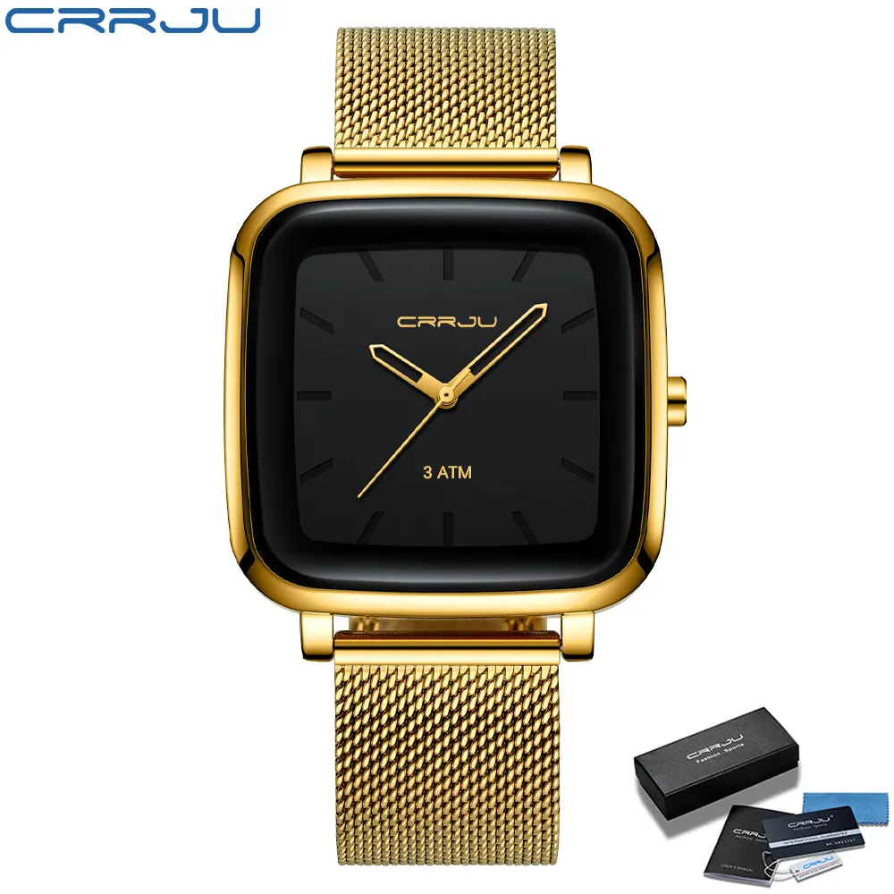CRRJU original factory Luxury brand Mesh band Japan movement gold and black square wrist men Watches