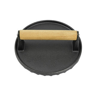 Prensa de parrilla de hamburguesa ecológica de hierro fundido redondo de 7 pulgadas de alta calidad, resistente con mango de madera, <span class=keywords><strong>plancha</strong></span> para barbacoa - Product Image 4