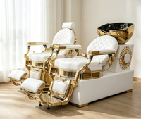 Ensemble de fauteuils de lavage de luxe blancs et dorés pour salon, fauteuil de barbier vintage avec bassin en céramique doré pour hommes, salon de beauté et barbier