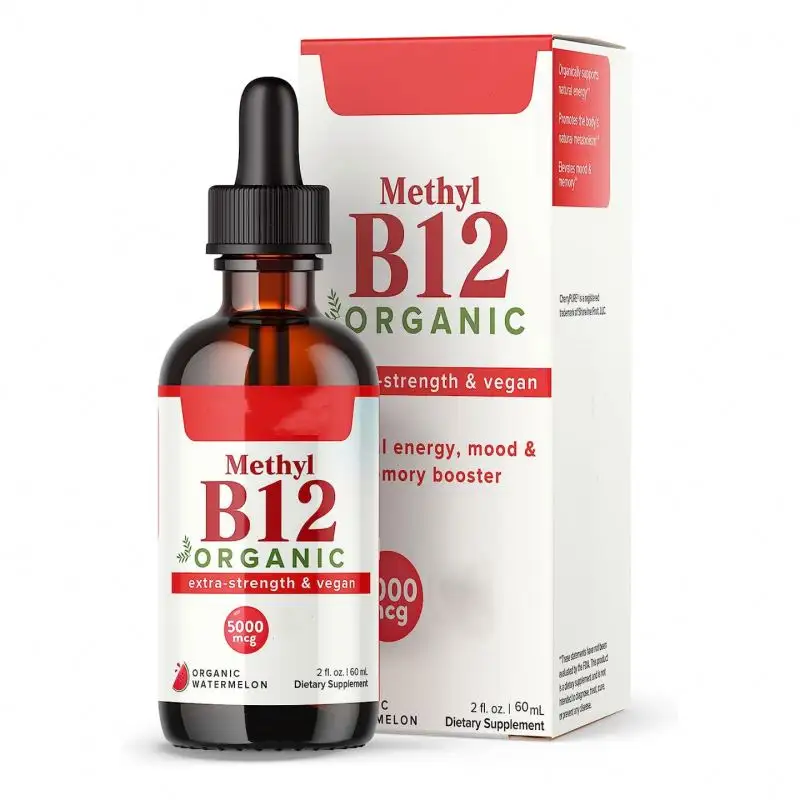 Impressão de etiquetas de suporte vegano para metabolismo natural de vitaminas B12 líquidas orgânicas de qualidade de qualidade