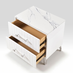 Comodino bianco con 2 cassetti, piano in finto marmo, gambe cromate, mobili per camera da letto - Product Image 5