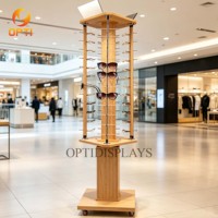 Retail Optical Shop Floor Display Rack, Rotating Sunglasses Holder Stand with Wheels, Light Blue Eyewear Display for Mall
