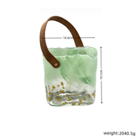 Vase en verre Millefiori soufflé à la main vert avec poignée en cuir, vase à fleurs transparent en forme de sac à main pour plantes hydroponiques