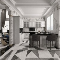 Cuisine et salle à manger d'élégance moderne |   Meubles de cuisine Off-White |   Lustre en cristal |   Carrelage gris métallisé |   Plan de travail en marbre |   Charnière |