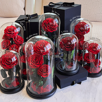 L fleurs roses éternelles Saint Valentin cadeau de la fête des mères fleur éternelle préservée roses pour toujours avec couvercle en verre dôme led