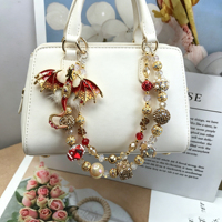 Breloque de sac Dragon Fantastique perlée, Dragon à ailes en strass de cristal, Cordon de téléphone, Porte-clés à double rang de perles avec fermoir mousqueton