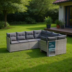 Grey Pe Rattan Garden <b>Sofa</b> Set Adjustable <b>Feet</b> Outdoor Furniture 6 Seater Contemporary Design - Product Image 2