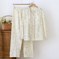 Pyjama en coton lavé fin pour femme, col en V, taille élastique respirante, manches longues, longueur intégrale, en crêpe double épaisseur