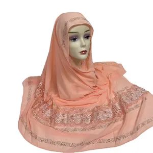 MS-2075 2022新款穆斯林头像围巾热钻雪纺围巾镂空刺绣头巾女性
