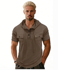 <span class=keywords><strong>Polo</strong></span> <span class=keywords><strong>con</strong></span> <span class=keywords><strong>Capucha</strong></span> para Hombre, Corte Ajustado, Manga Corta, Estilo Henley <span class=keywords><strong>con</strong></span> Bolsillo, Ropa Casual de Calle - Product Image 2