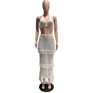 Maglione di moda Sexy estivo in tinta unita da spiaggia senza maniche lunga lunga lunga con nappe gonna a due pezzi da donna due pezzi <span class=keywords><strong>Se</strong></span> - Product Image 6