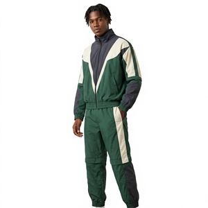 Ensemble de survêtement pour homme avec blocs de couleur, veste à col roulé zippée et pantalon, sportif, respirant, en polyester, pour l'automne, coupe-vent - Product Image 1