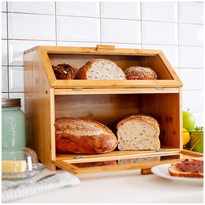 In stock: <b>Bamboo</b> double-layer bread box, large capacity, suitable for home kitchens and countertops, for storing bread, snacks, - Product Image 1