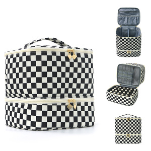 Trousse de maquillage double couche en velours côtelé, motif damier, grande capacité, pour rangement de vernis à ongles et <span class=keywords><strong>kit</strong></span> de manucure - Product Image 1