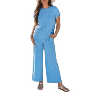 Conjunto Casual de Dos Piezas para Mujer, Top de Manga Corta con Textura Acanalada y Pantalones Anchos, Color Albaricoque, Rosa, Azul Claro, Gris, Tallas S, M, L - Product Image 5