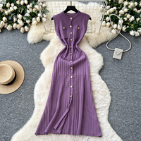 Robe élégante sans manches en tricot pour femmes, robe longue décontractée avec boutons décoratifs pour un usage quotidien, robe pour femmes
