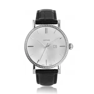 Simple Leather Watch 925 Sterling Silver Quartz Watch Diamond Stones Inlay