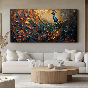Grande <span class=keywords><strong>Peinture</strong></span> Murale Décorative Faite à la Main sur Toile, Oiseau Coloré Texturé, Art Déco Animal <span class=keywords><strong>Paon</strong></span> pour Salon - Product Image 6