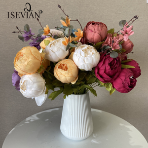 ISEVIAN Pas Cher <span class=keywords><strong>Fuchsia</strong></span> <span class=keywords><strong>Pivoine</strong></span> Fleur Bouquet Champagne Pivoines Artificielles pour Décoration de Mariage - Product Image 1