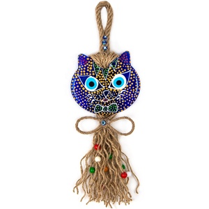 Hecho a mano y dibujo a mano forma de gato Glas mal de ojo mimbre adorno colgante de pared decoración del hogar protección del hogar - Product Image 1