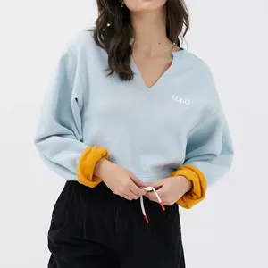 F230545 Custom Oem Fabrikant Mode Crop Top Sweatshirt Met Lange Mouwen Dames Katoenen Fleece Crop Top Met V-Hals Sweatshirt