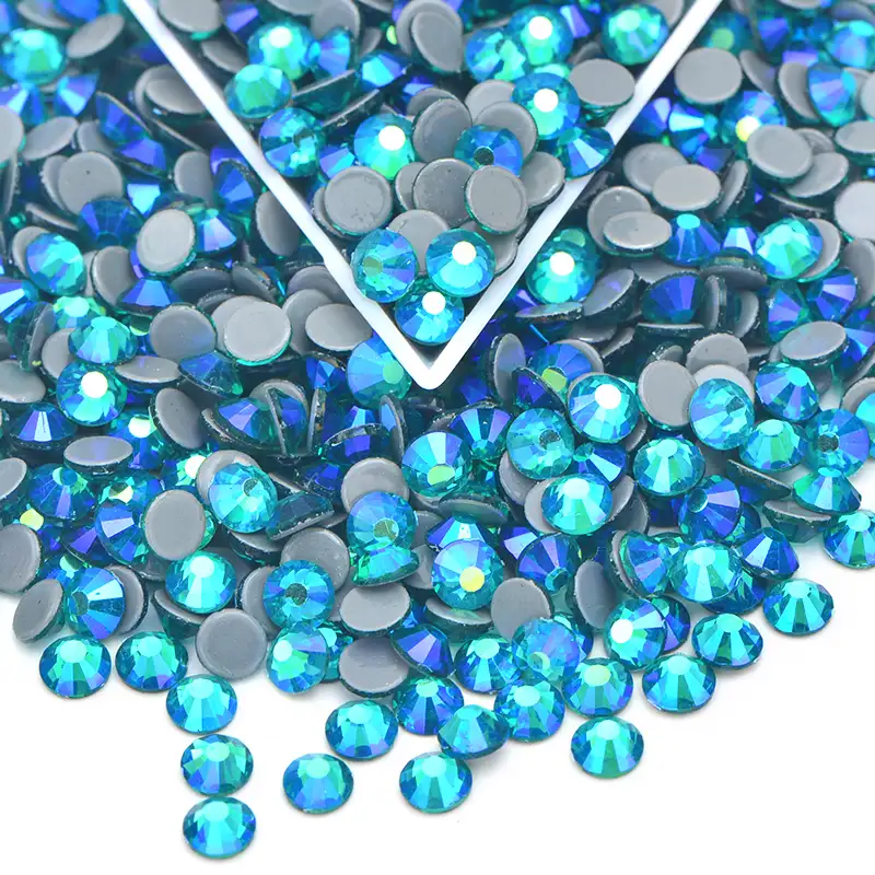 SS6 8 10 12 16 20 30 Zirkon Biru AB Perbaikan Besi Pada Berlian Imitasi Kaca Strass Applique Batu Kristal Pipih untuk Gaun Dansa