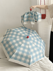 Cute Retro <b>Gingham</b> Umbrella, Compact 8 Ribs Windproof Sun Rain with <b>Red</b> Button, Portable Travel Gear - Product Image 5