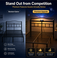 Lit plateforme moderne en métal noir taille Queen avec projecteur d'étoiles LED, tête de lit avec chargeur USB et télécommande