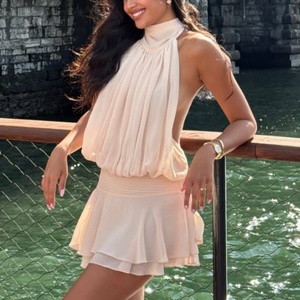 New Design Spring Chiffon Set Light Weight Sleeveless Ruffled Stand Collar Top Ladies <b>Elastic</b> Waist Mini <b>Skirt</b> Sexy Chiffon Set - Product Image 2