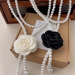 Collar de cadena para mujer con flor de camelia de tela vintage, perlas de imitación y cuentas de aleación, diseño de rosa linda - Product Image 6