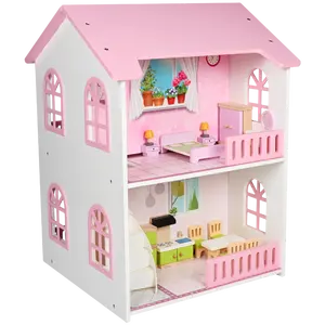 Grosir gadis berpura-pura bermain peran Pink 3D DIY alam miniatur merakit rumah mebel rumah boneka kayu rumah boneka