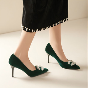 Zapatos de Tacón de Aguja con Punta en Pico y Decoración de Pedrería, Modelo 6681N-195, de Terciopelo, para Mujer, Formales, Cómodos para el Trabajo - Product Image 1