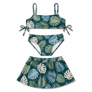 Ensemble bikini trois pièces pour filles avec jupe <span class=keywords><strong>de</strong></span> plage, imprimé palmier Monstera, maillot <span class=keywords><strong>de</strong></span> <span class=keywords><strong>bain</strong></span> bleu sarcelle, vêtements <span class=keywords><strong>de</strong></span> plage pour enfants, vêtements <span class=keywords><strong>de</strong></span> vacances d'été - Product Image 1