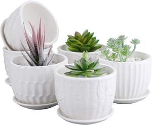 Pots de fleurs cylindriques en céramique écologiques MDJ de 4 pouces avec soucoupe intégrée, lot de 6 blancs pour plantes succulentes et plantes serpentines - Product Image 1