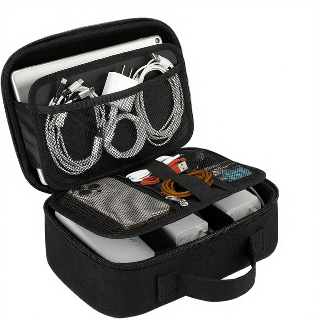 Hard EVA Shockproof Double Layer Electronics Organizer Travel Case with Zipper Closure for Phone and Cords Black