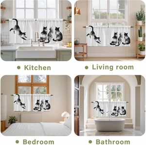 Rideaux courts à volants motif <span class=keywords><strong>chat</strong></span> noir et blanc pour salle de bain, au-dessus de l'évier, petite cuisine, 2 panneaux - Product Image 5