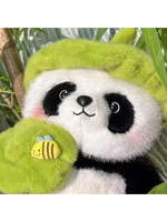 Peluche Panda Hua-Hua Mignon en Forme de Feuille de Lotus, Tenant une Abeille et une Caméra (Coton PP et Fourrure de Vison Européen) – Cadeau Idéal pour Enfants