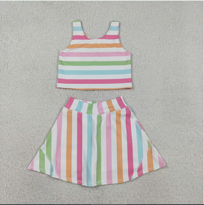 Conjunto de Ropa de Yoga para Niñas GSD2348, Camiseta sin Mangas con Rayas Coloridas, Pantalones Cortos de Verano, Faldas hasta la Rodilla - Product Image 1