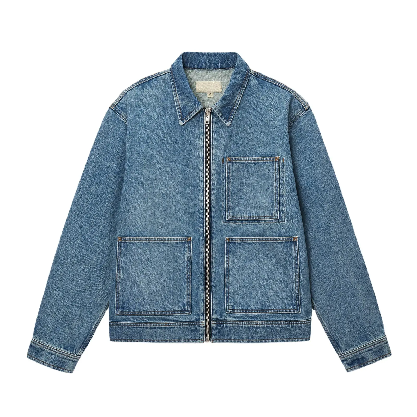 Disai produttore Custom uomo donna Trendy 100% cotone giacca con Zip Streetwear giacca da lavoro in Denim Unisex blu lavato