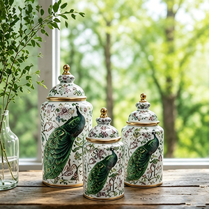 Ensemble de boîtes de rangement vintage en porcelaine brillante motif paon et fleurs, avec bouton doré, pour décoration intérieure - Product Image 1