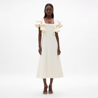 Nuevo Vestido de Fiesta Elegante de Moda para Mujer, Color Blanco Hueso, Cuello Cuadrado, Manga con Volantes, Adorno de Perlas, Corte en A, Crepé, Largo Midi, Personalizado