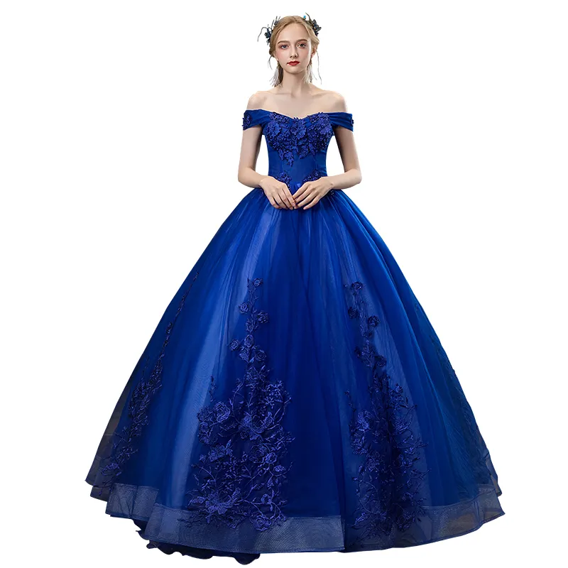 Clásico azul real vestidos de quinceañera fuera del hombro vestido de baile hasta el suelo vestidos de graduación encaje tul Vestido De 15 Anos Quinceañera