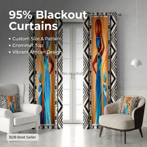 <span class=keywords><strong>Rideaux</strong></span> occultants haut de gamme 95% avec impression 3D afrocentrique personnalisable, motifs artistiques colorés de femmes africaines, bordure tribale, à œillets, 100% occultants - Product Image 1