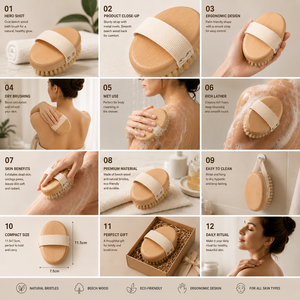 Brosse de massage corporelle sèche en bois à poils de sanglier naturels de forme ovale, vente en gros d'usine, pour la douche - Product Image 5
