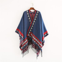 Landfond Épais Doux Écharpe Châles Cape Glands Élégant Chaud Personnalisé Hiver Tricoté Écharpes Triangle Imprimé Femmes Poncho